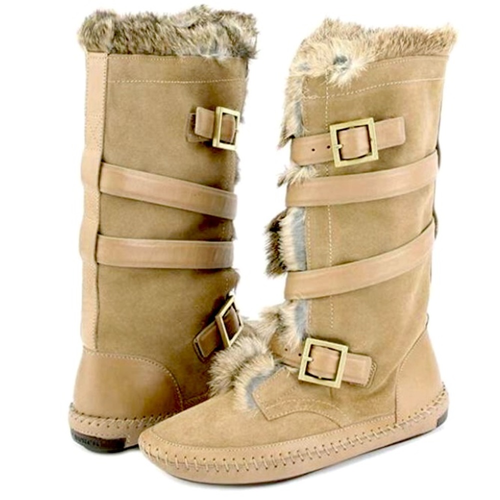 Tory Burch rabbit fur moccasin boots